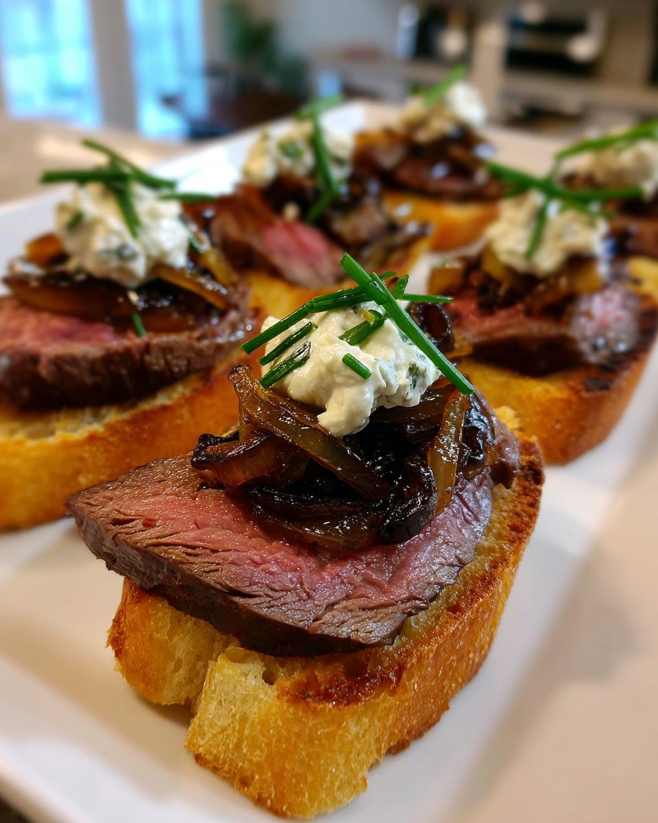 Close-up of several steak crostini appetizers featuring medium-rare steak, caramelized onions, blue cheese, and chives on toasted bread.