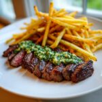 Close-up of perfectly cooked, sliced steak frites topped with bright green herb butter, served next to a pile of golden french fries.