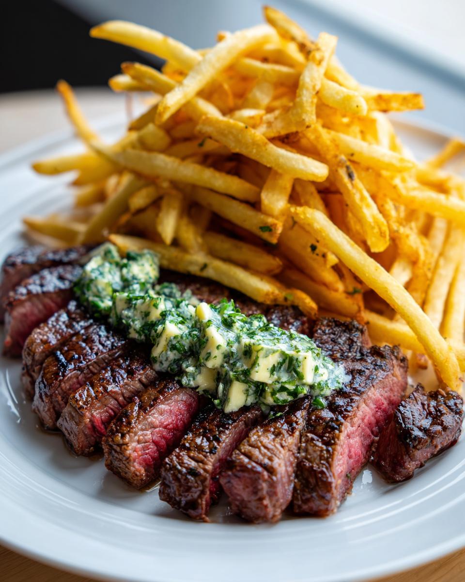 Close-up of sliced steak frites, medium-rare, topped with melting herb butter, next to a pile of golden french fries.