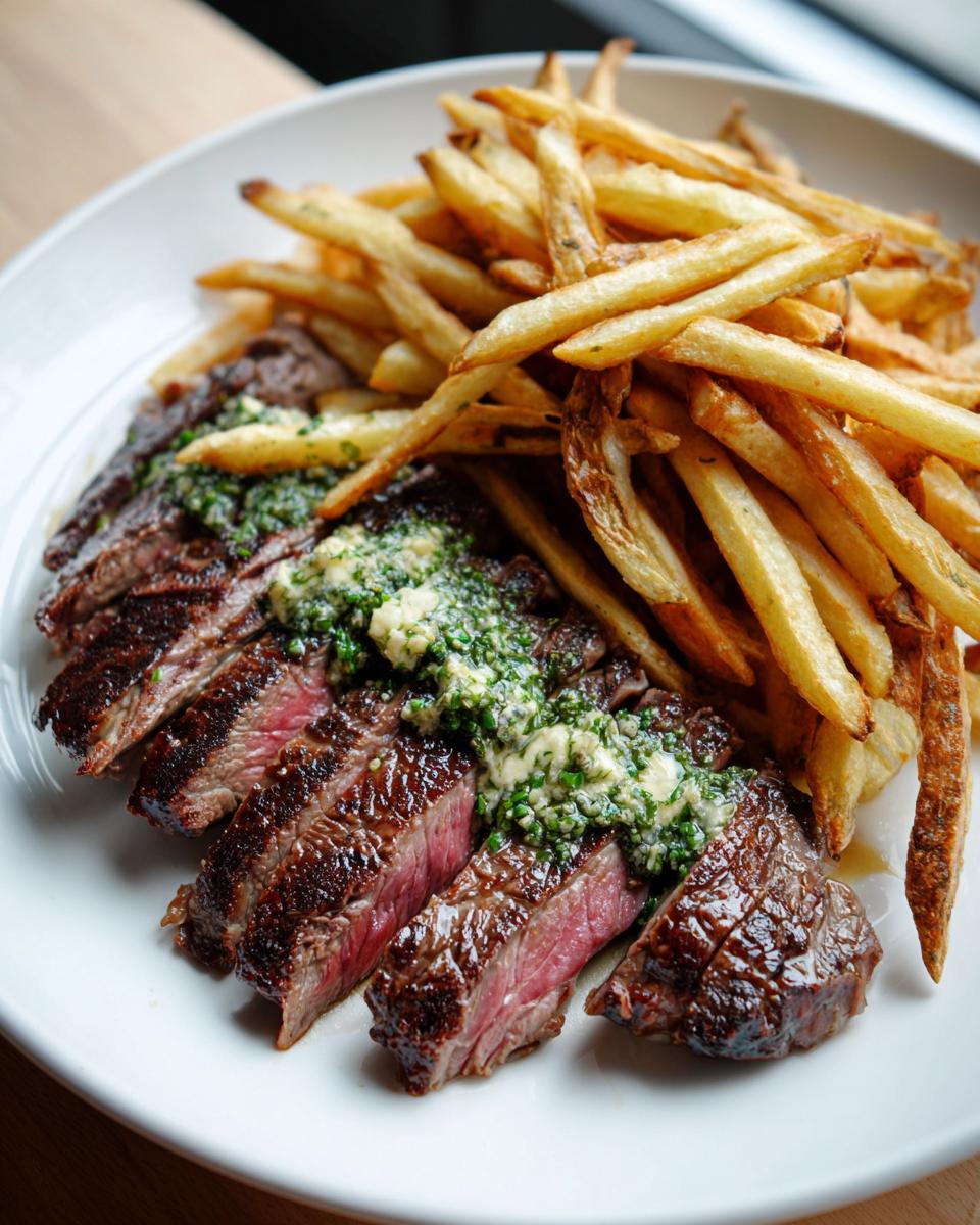 Close-up of sliced medium-rare steak frites topped with melting herb butter next to a pile of golden french fries.