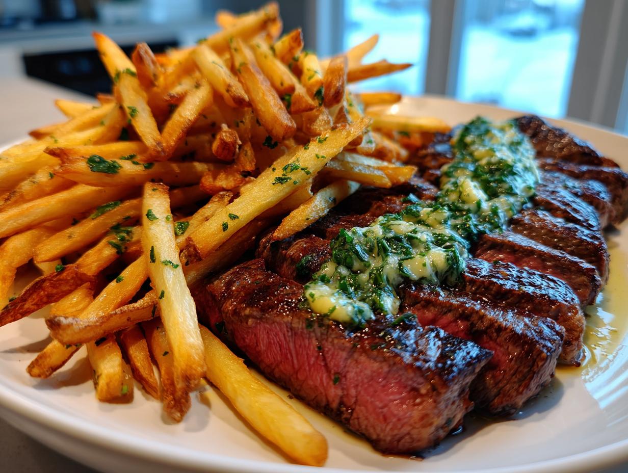 Close-up of sliced steak frites served with golden, parsley-dusted fries and melting herb butter.