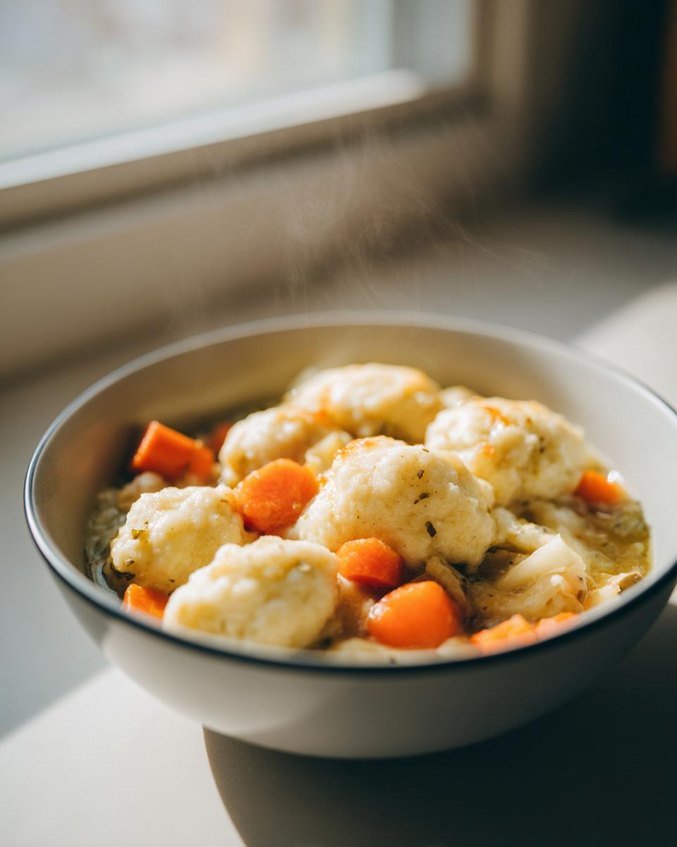A close-up of a steaming bowl of chicken and drop dumplings mixed with bright orange carrots in a savory broth.