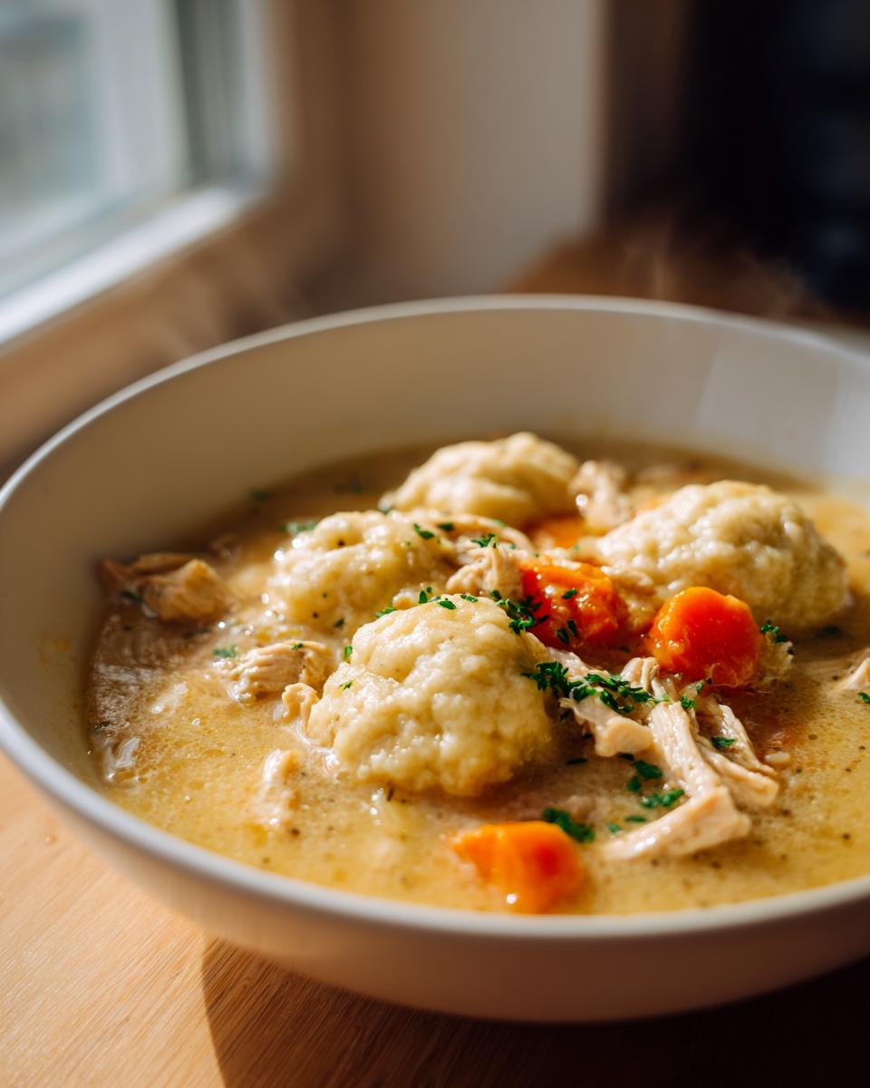 Close-up of a steaming white bowl filled with creamy chicken and drop dumplings and bright orange carrots.