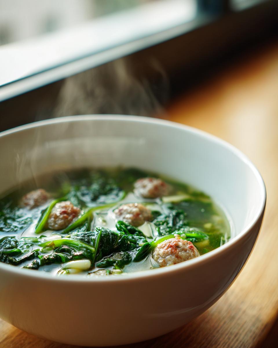 Close-up of a steaming white bowl filled with amazing wedding soup, featuring small meatballs and vibrant green spinach in broth.