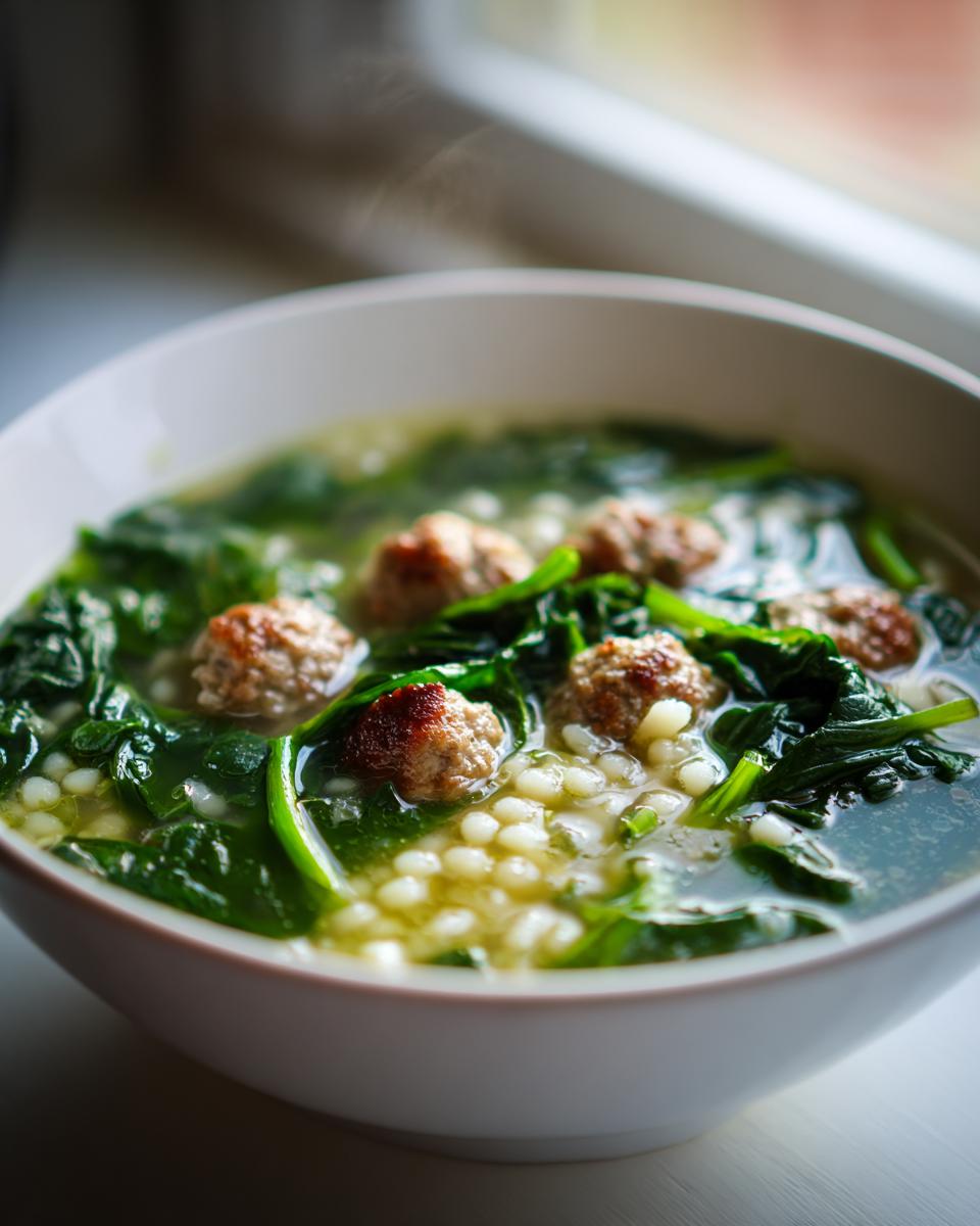 Close-up of a steaming white bowl filled with Italian wedding soup, featuring small meatballs, acini di pepe pasta, and wilted spinach.