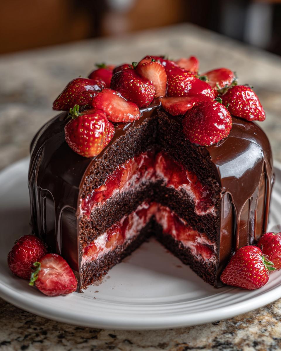 A slice removed from a rich chocolate cake revealing layers of cream and strawberries in this strawberry chocolate shell cake.