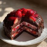 A decadent cross-section view of a strawberry chocolate shell cake showing layers of dark chocolate cake, cream, and fresh strawberries.