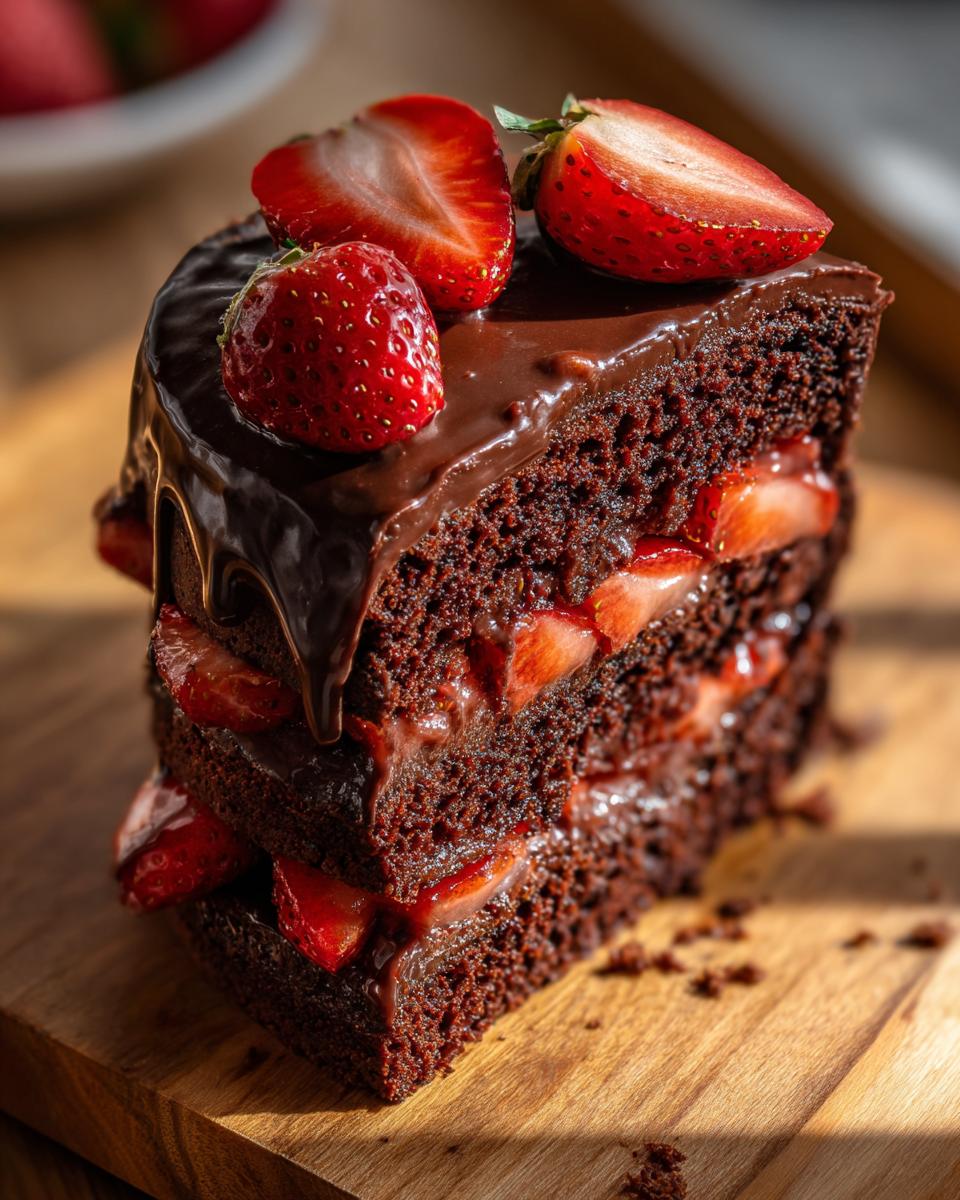 A decadent slice of strawberry chocolate shell cake featuring dark chocolate layers, strawberry filling, and a rich ganache topping with fresh strawberries.