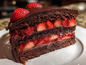 A decadent slice of strawberry chocolate shell cake showing dark layers, strawberry filling, and chocolate ganache topping.