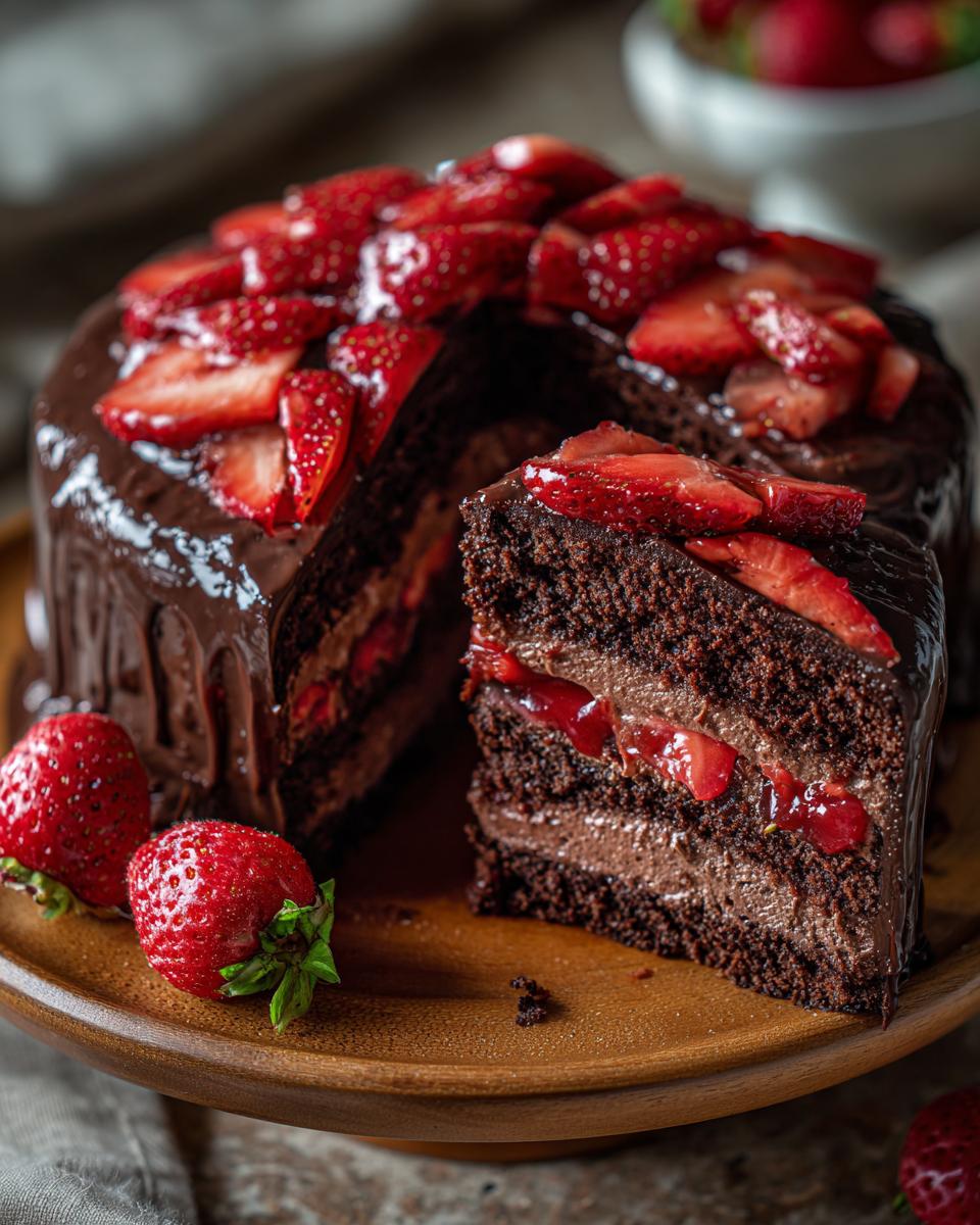 A rich slice cut from a chocolate cake, showing layers of mousse and strawberry filling, topped with chocolate glaze and fresh strawberries, part of the strawberry chocolate shell cake.