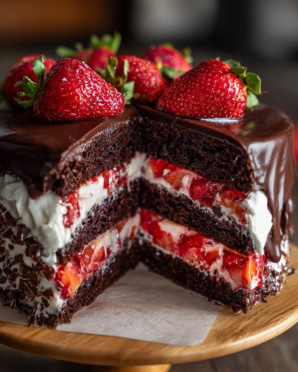 A slice cut from a rich chocolate cake revealing layers of cream and fresh strawberries, topped with chocolate ganache and whole strawberries—the strawberry chocolate shell cake.