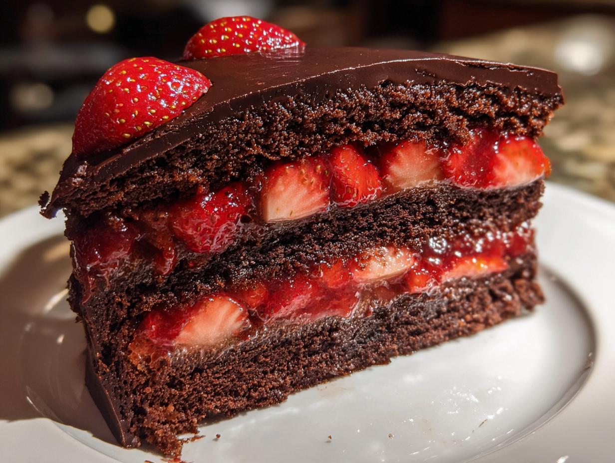 A decadent slice of strawberry chocolate shell cake showing dark layers, strawberry filling, and chocolate ganache topping.