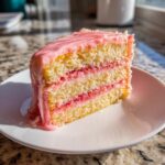 A moist slice of strawberry lemonade cake with three layers of yellow cake, pink filling, and dripping pink glaze.