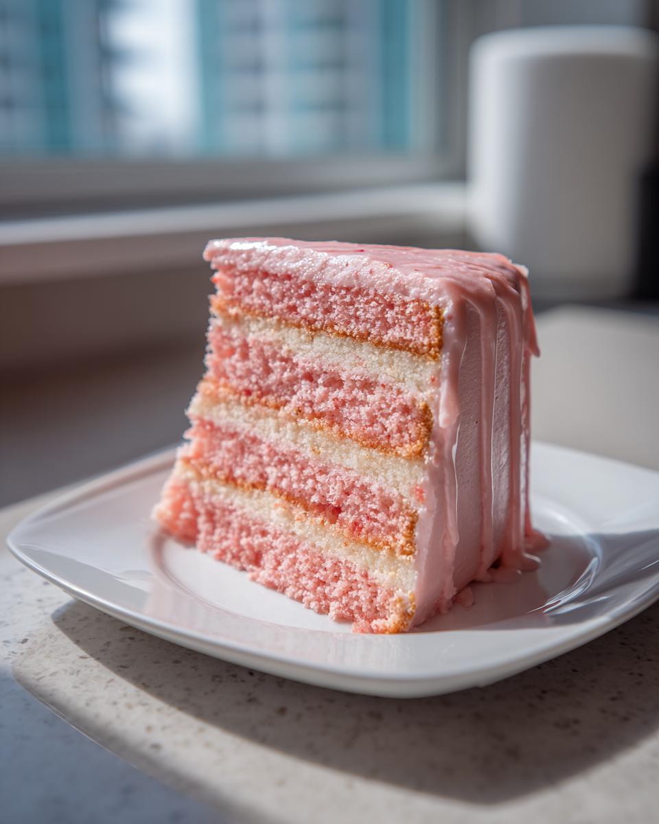 A tall, moist slice of strawberry lemonade cake with alternating pink and white layers and pink glaze dripping down the side.