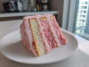 A tall slice of strawberry lemonade cake with pink layers and white frosting dripping down the side.