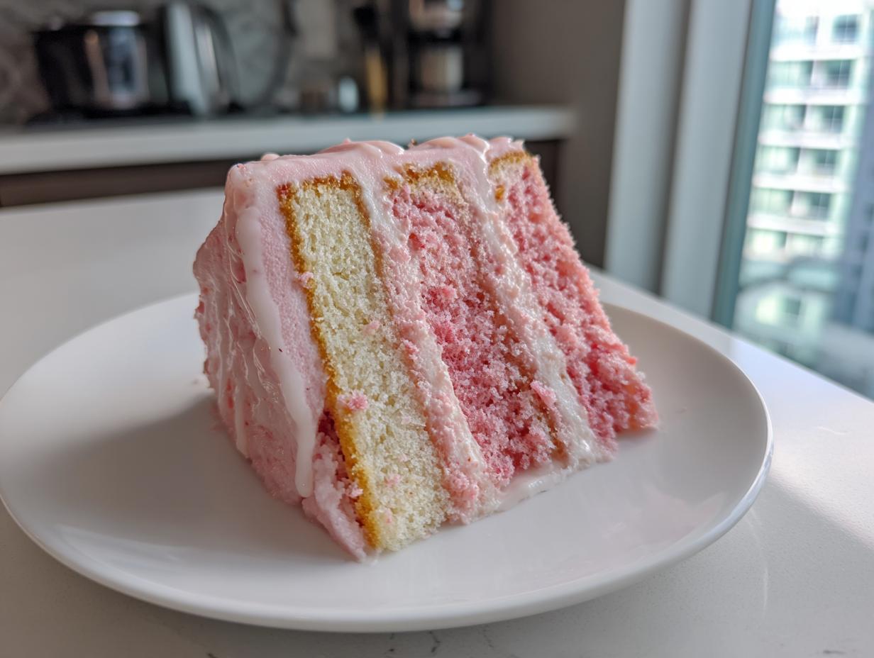 A tall slice of strawberry lemonade cake with pink layers and white frosting dripping down the side.