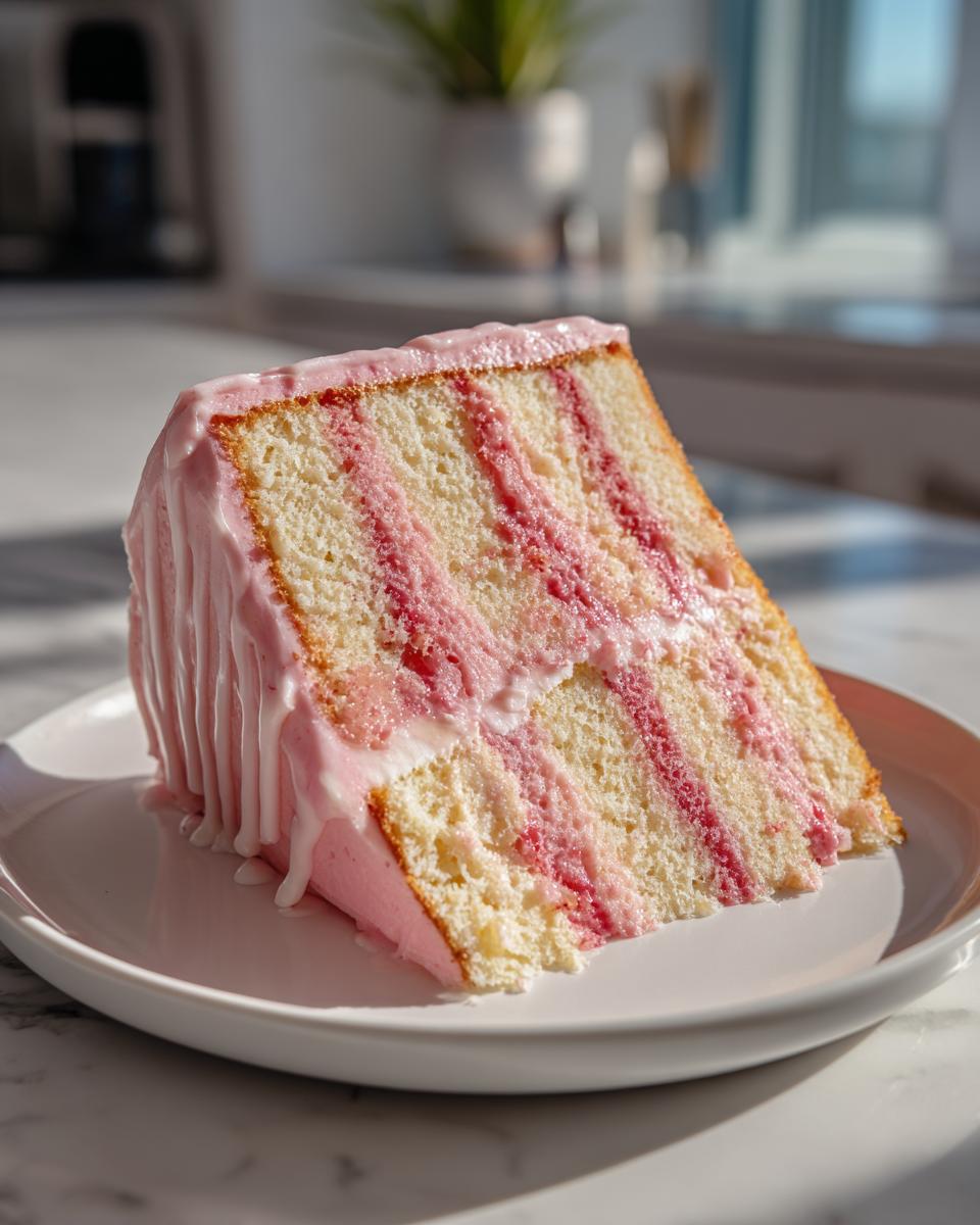 A tall, moist slice of strawberry lemonade cake showing layers of yellow cake and pink filling, topped with pink glaze.
