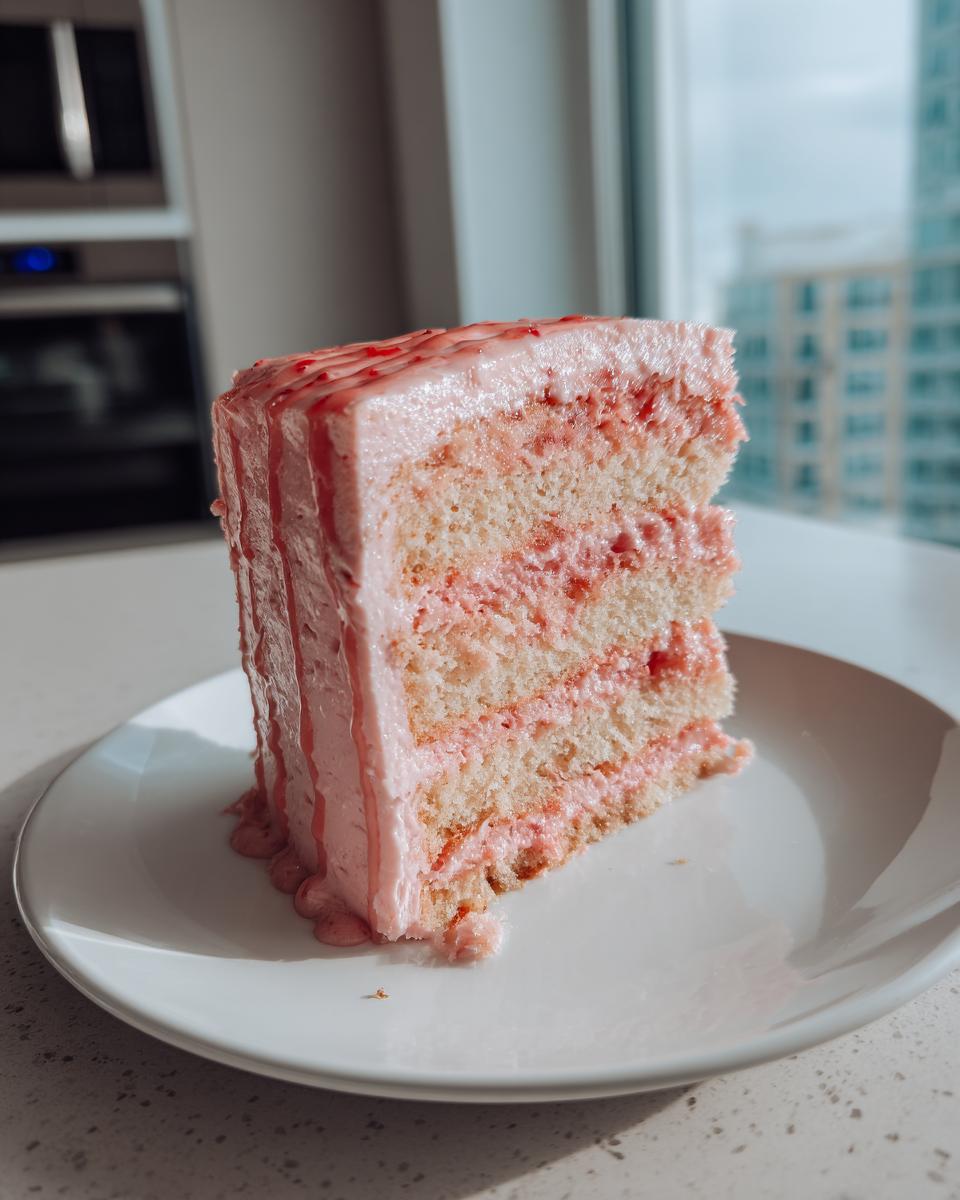A tall, moist slice of strawberry lemonade cake with pink frosting and filling on a white plate.