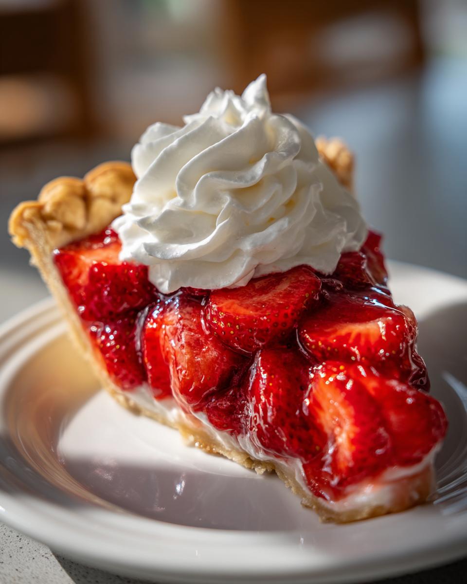 A close-up of a perfect slice of strawberry pie topped with a generous swirl of whipped cream.