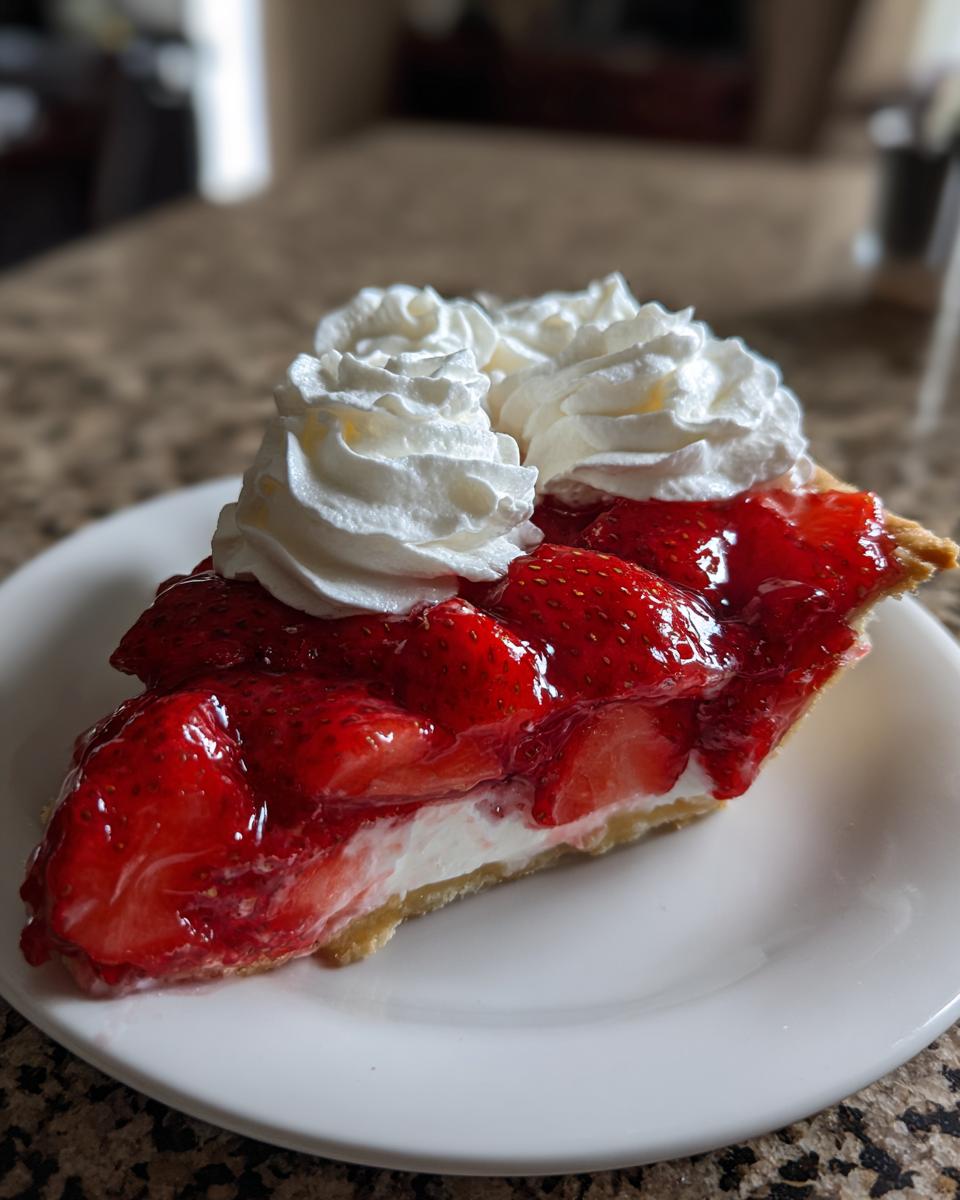 A close-up of a perfect slice of strawberry pie topped with fresh strawberries, glaze, and dollops of whipped cream.