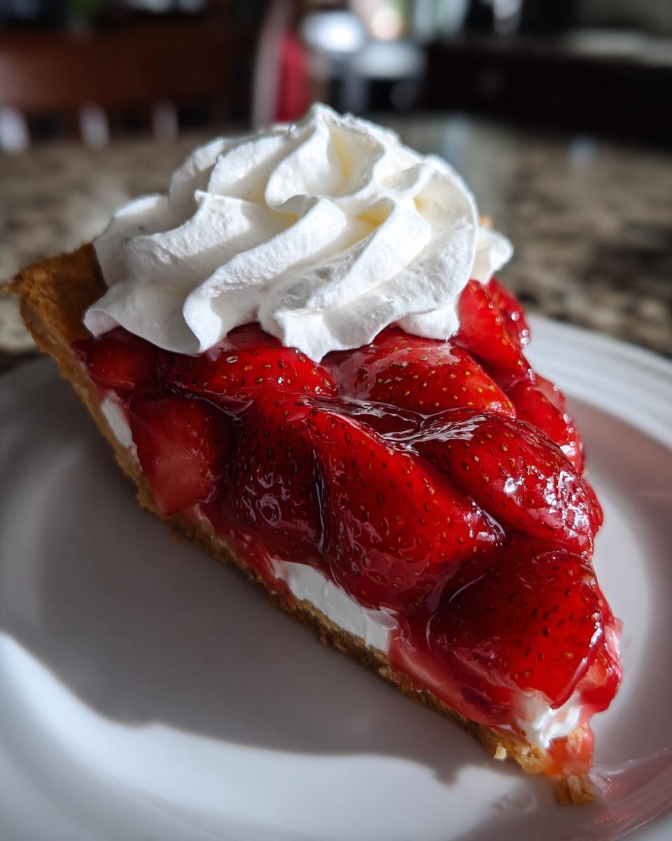 A close-up of a perfect slice of strawberry pie topped with fresh whipped cream on a white plate.