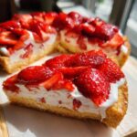 A close-up slice of strawberry pizza showing a thick crust, creamy white filling, and glossy sliced strawberries on top.