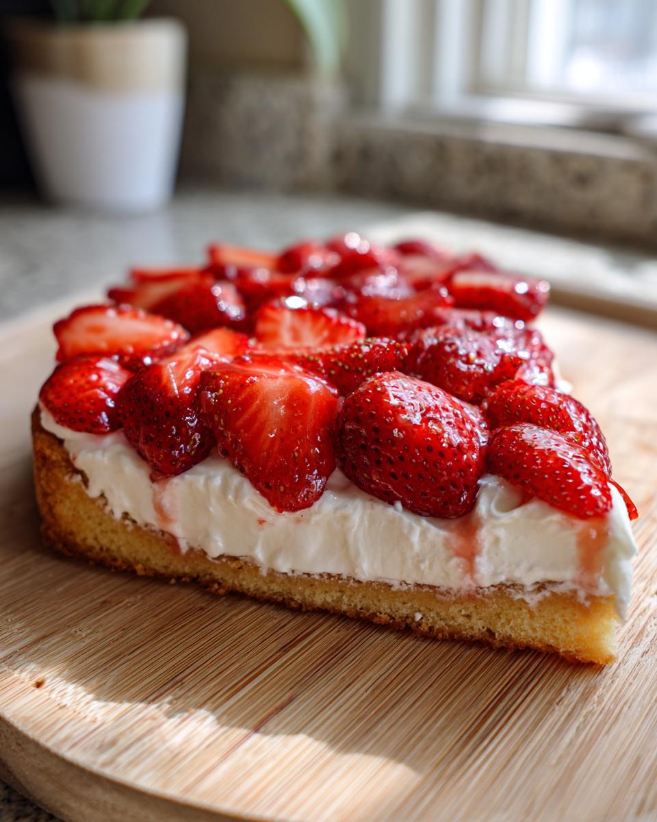 A close-up slice of strawberry pizza featuring a golden crust, thick cream cheese layer, and glossy sliced strawberries.