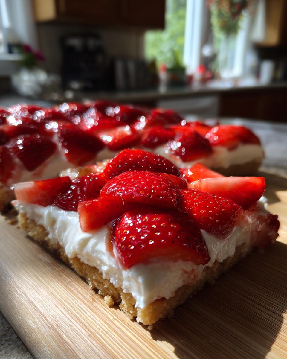 A close-up side view of a slice of strawberry pizza showing the crust, thick cream cheese layer, and glossy sliced strawberries.