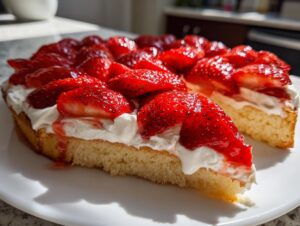 A close-up of a slice of strawberry pizza showing a thick cake base, whipped cream, and glossy sliced strawberries.
