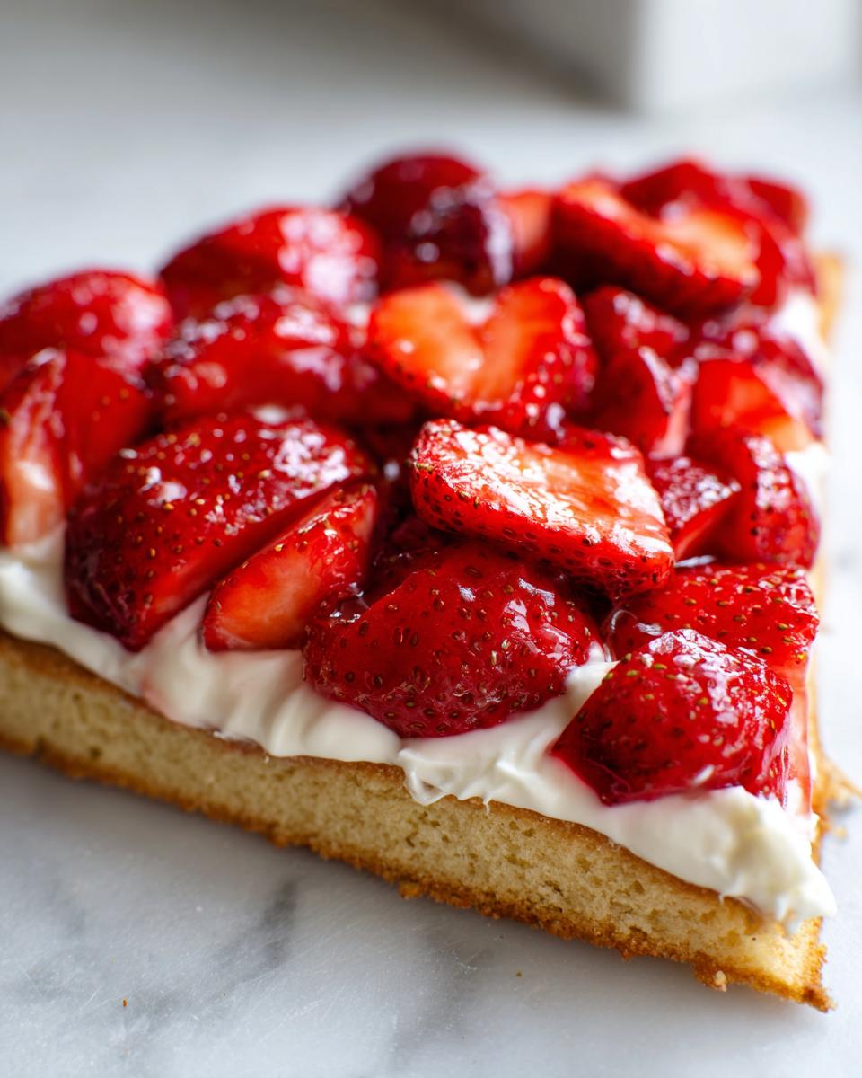 Close-up of a slice of strawberry pizza showing a thick crust, white cream cheese layer, and glossy, sliced strawberries on top.