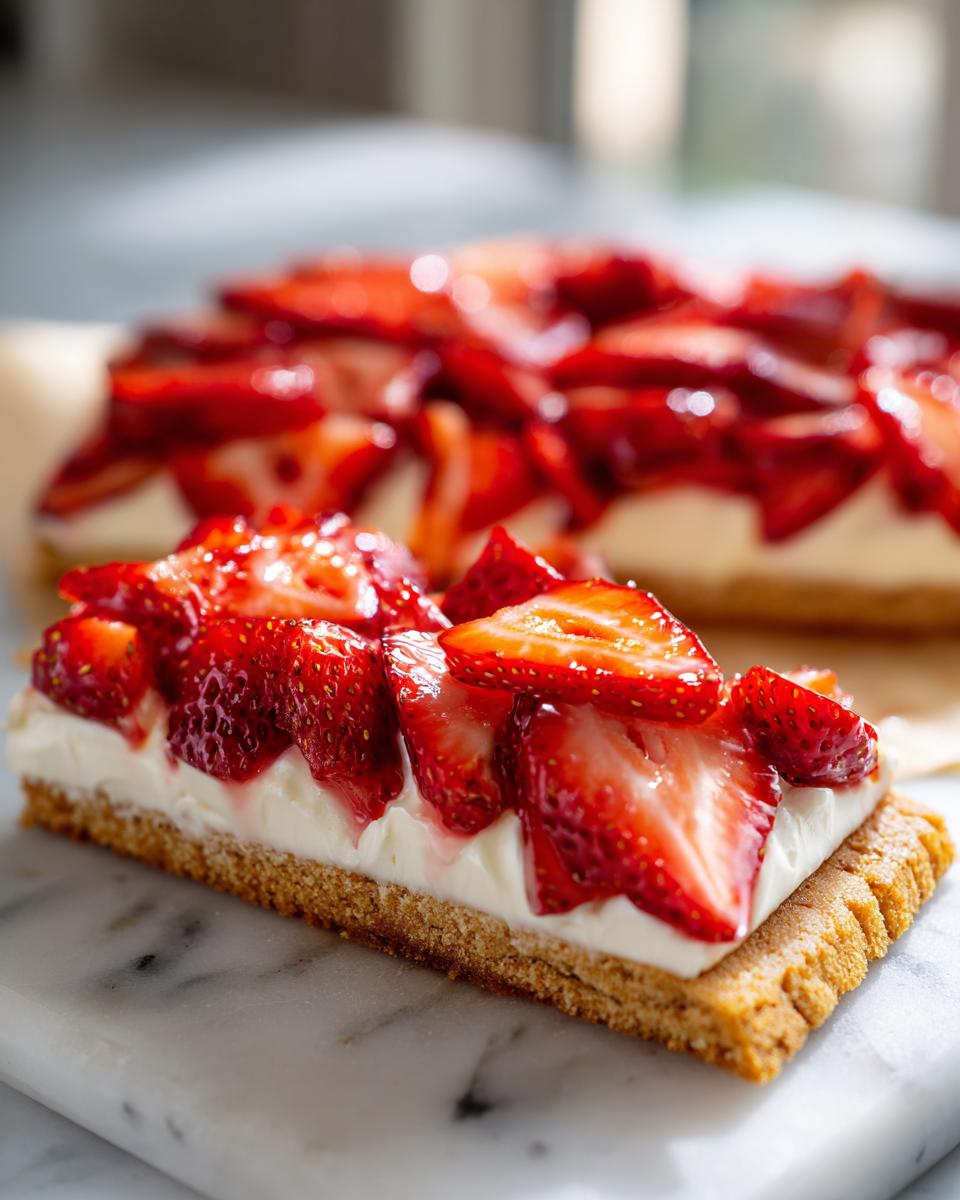 Close-up of a rectangular slice of strawberry pizza with a graham cracker crust and cream cheese topping.