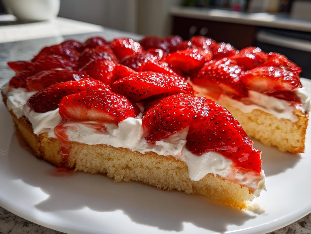 A close-up of a slice of strawberry pizza showing a thick cake base, whipped cream, and glossy sliced strawberries.