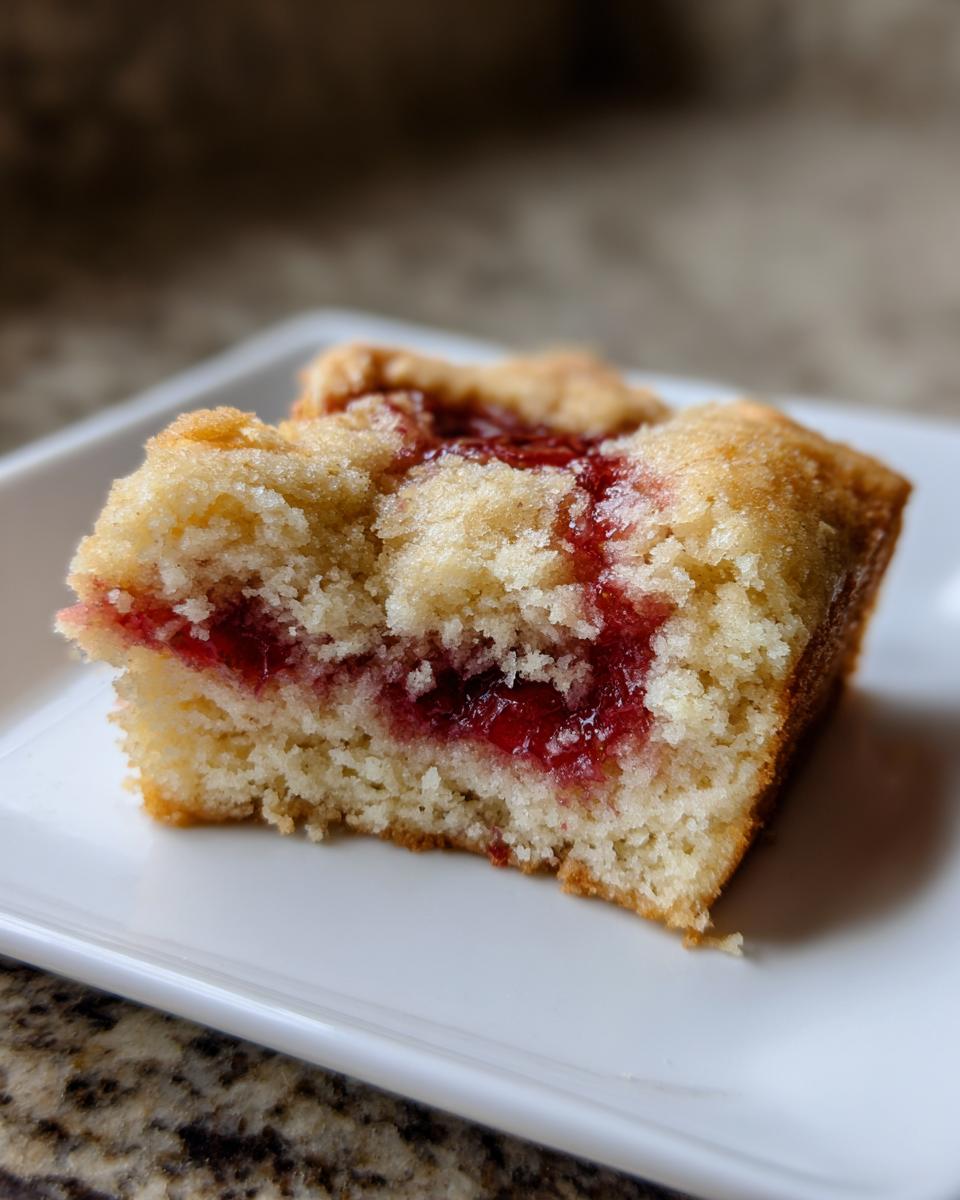 Close-up of a moist slice of sugar free strawberry jam snack cake showing the yellow crumb and bright red jam filling.