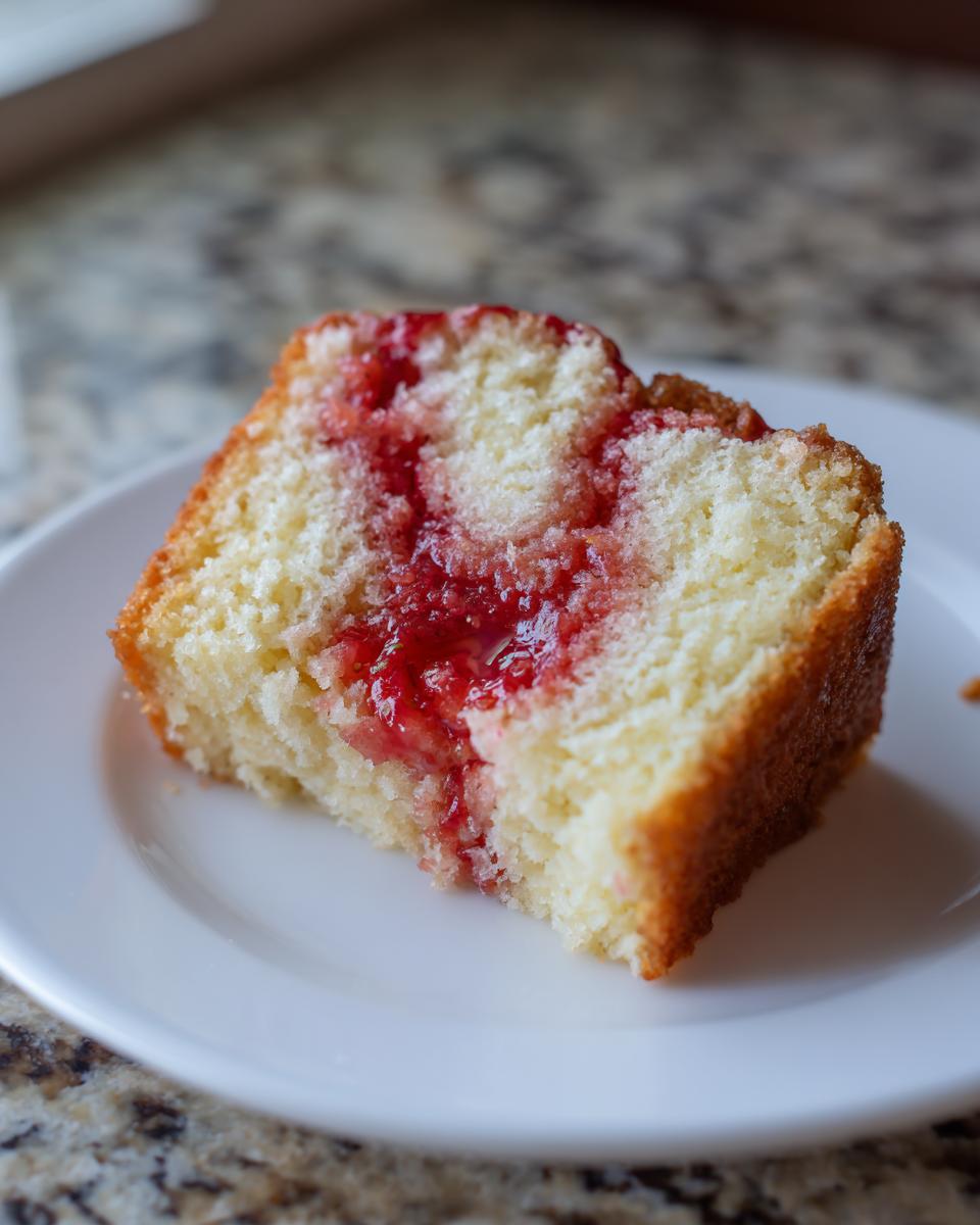 Close-up of a moist slice of sugar free strawberry jam snack cake with visible red jam swirl.