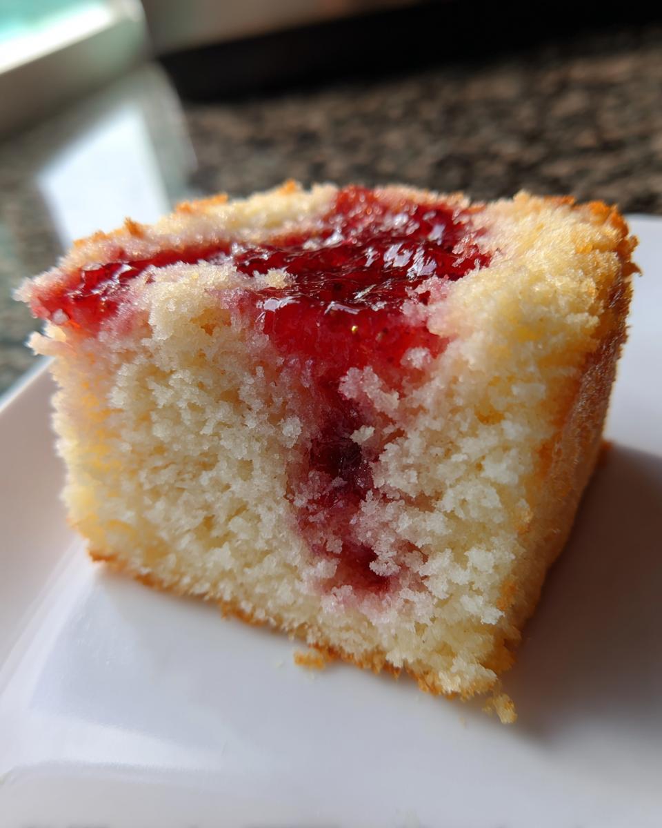 Close-up of a moist slice of sugar free strawberry jam snack cake showing the white crumb and bright red jam filling.