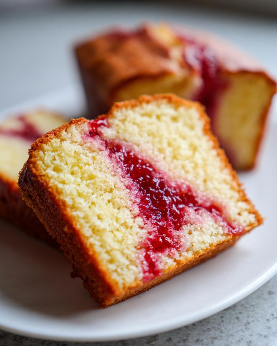 Close-up of a slice of sugar free strawberry jam snack cake showing the bright red jam swirl in the yellow cake.