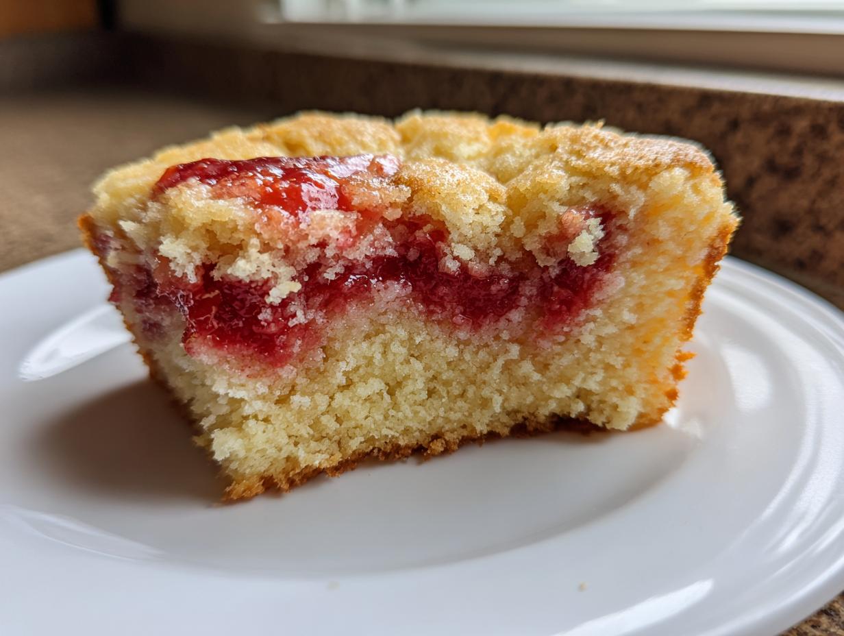 Close-up of a moist slice of sugar free strawberry jam snack cake showing the bright red jam layer inside the light yellow cake.