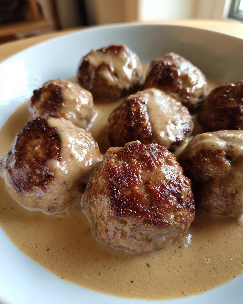 Close-up of several browned Swedish meatballs generously covered in creamy brown gravy.