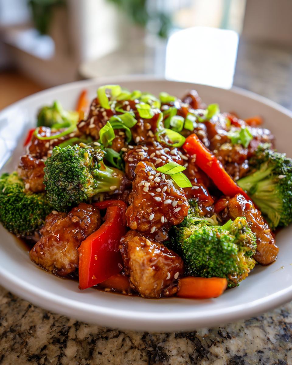Close-up of a bowl of teriyaki chicken stir fry featuring glazed chicken pieces, bright green broccoli, and red peppers, topped with sesame seeds.