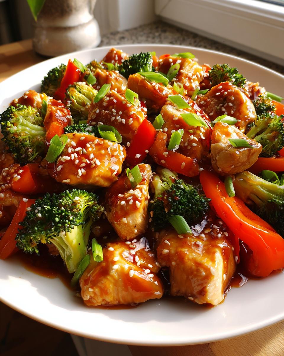 Close-up of glossy teriyaki chicken stir fry pieces mixed with bright green broccoli florets and red peppers, topped with sesame seeds.
