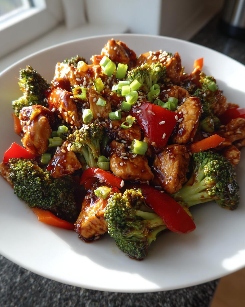 A close-up of a serving of teriyaki chicken stir fry featuring glazed chicken pieces, bright green broccoli florets, and red peppers.