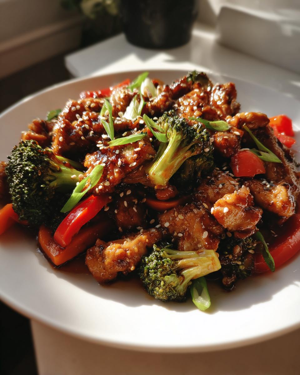Close-up of glossy teriyaki chicken stir fry with broccoli, red peppers, and sesame seeds.