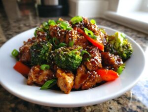 Close-up of a plate featuring glossy teriyaki chicken stir fry mixed with bright green broccoli florets and red peppers.