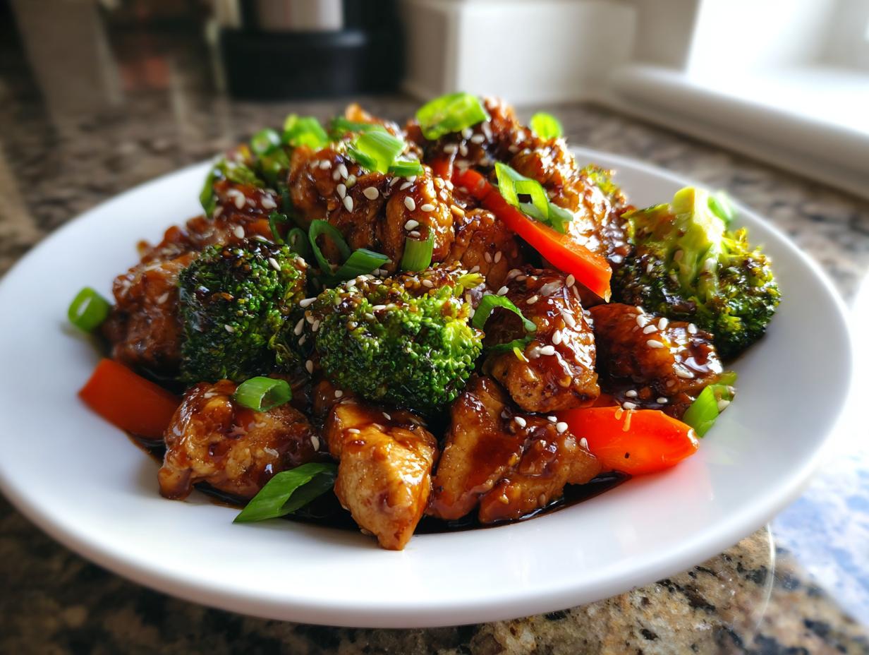 Close-up of a plate featuring glossy teriyaki chicken stir fry mixed with bright green broccoli florets and red peppers.