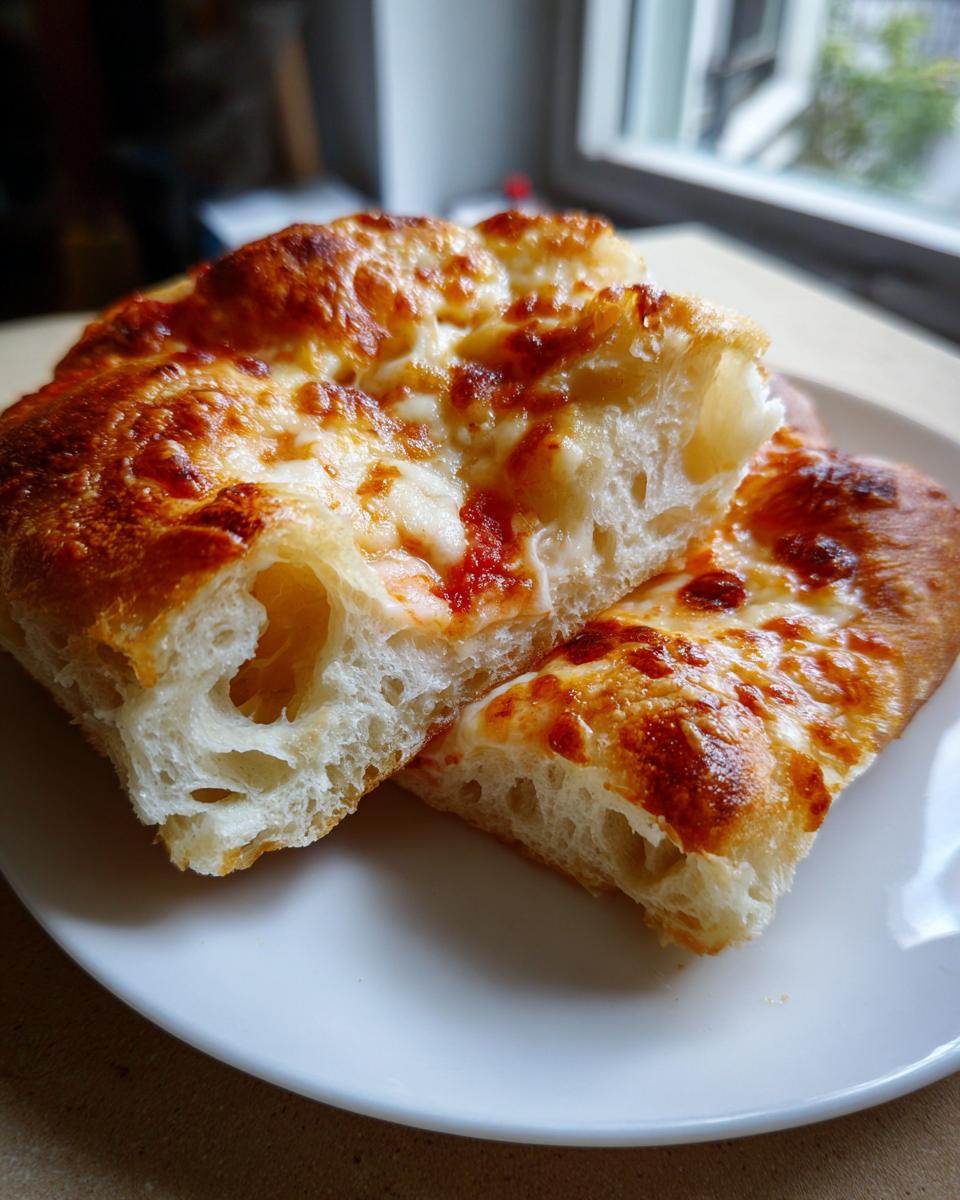 Close-up of two thick slices of cheese pizza showing the airy dough structure and bubbly, browned cheese topping.