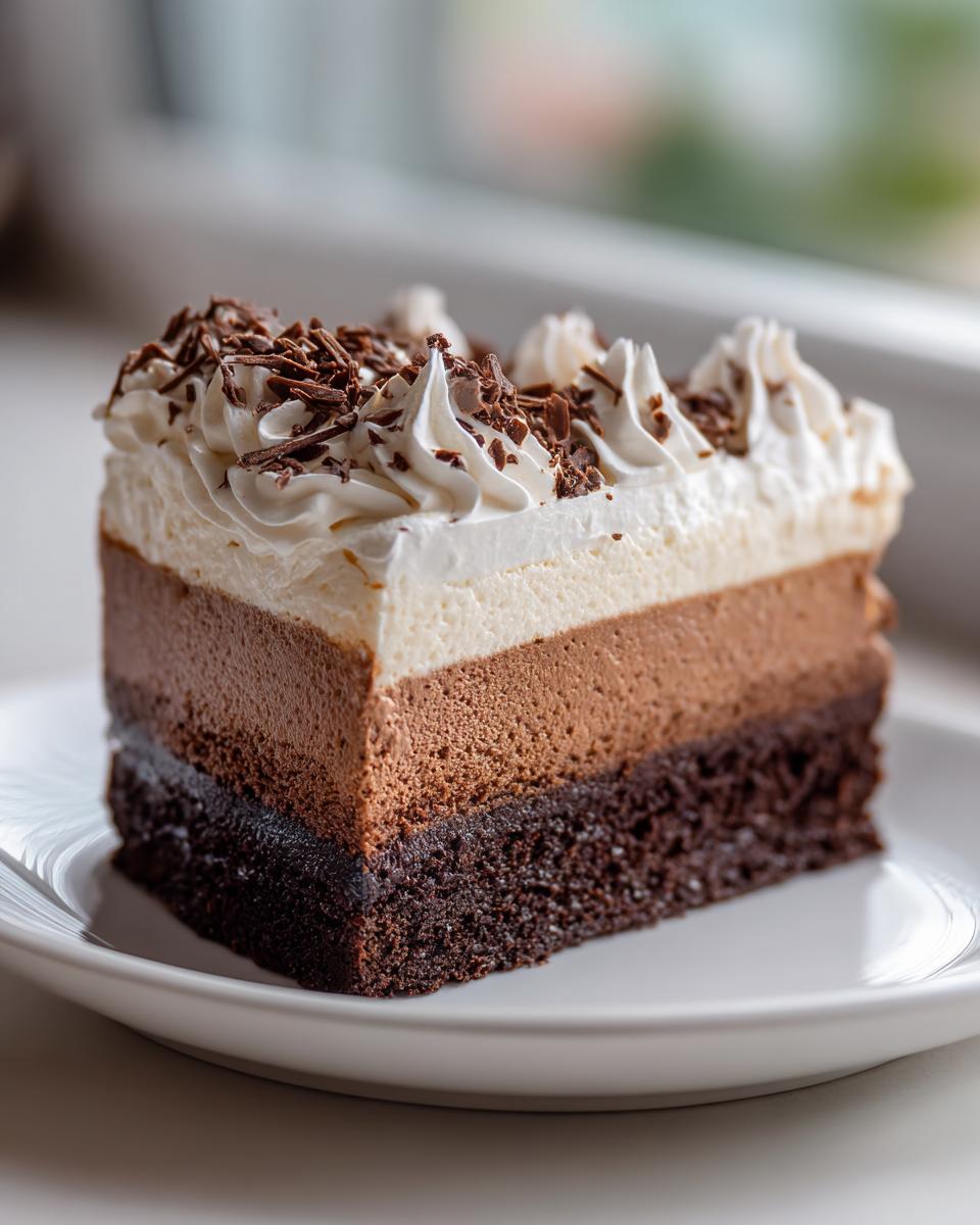 A decadent slice of chocolate mousse cake featuring three distinct layers and topped with whipped cream and chocolate shavings.
