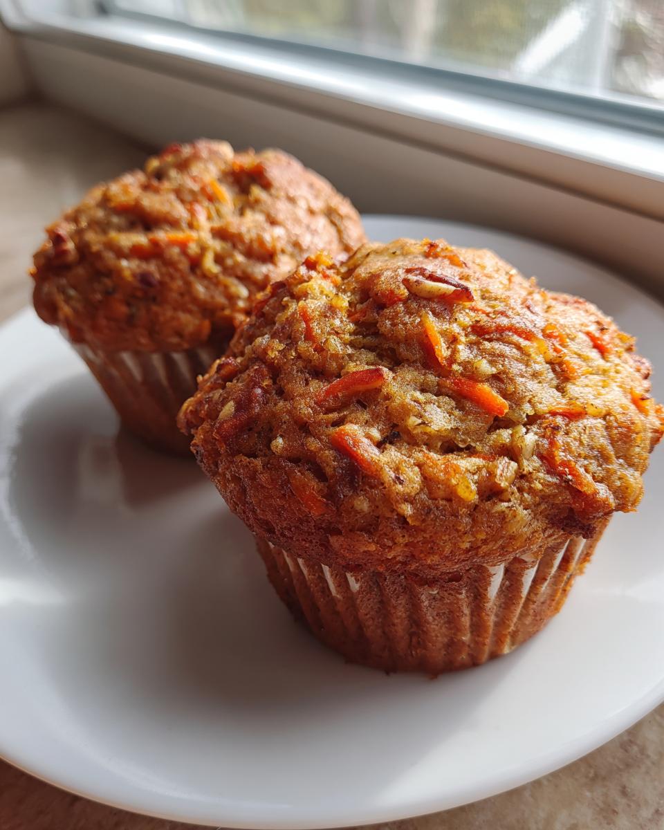 Close-up of two golden brown morning glory muffins topped with visible shredded carrots, resting on a white plate near a window.