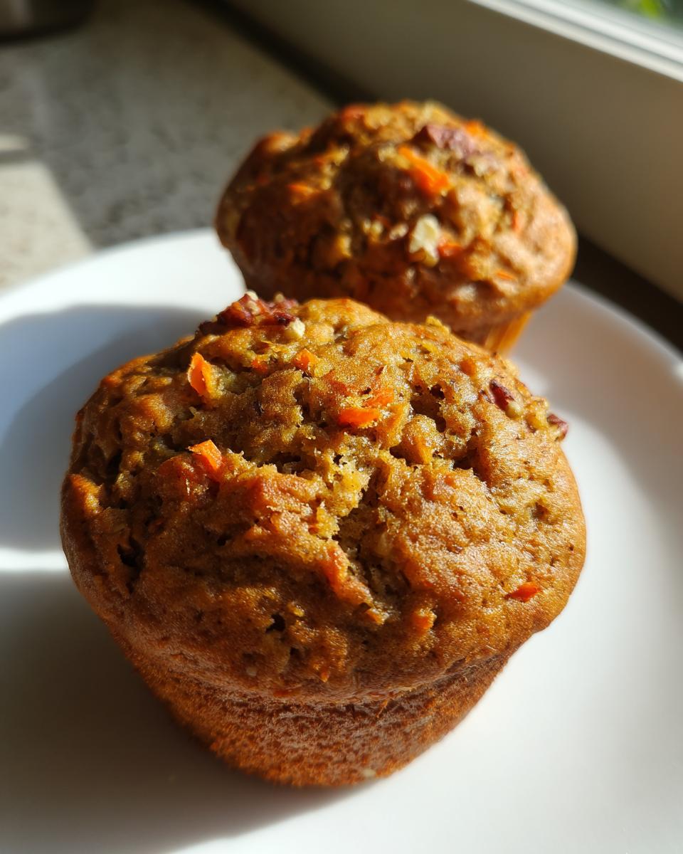 Close-up of two freshly baked morning glory muffins topped with visible shredded carrots and nuts, sitting on a white plate.