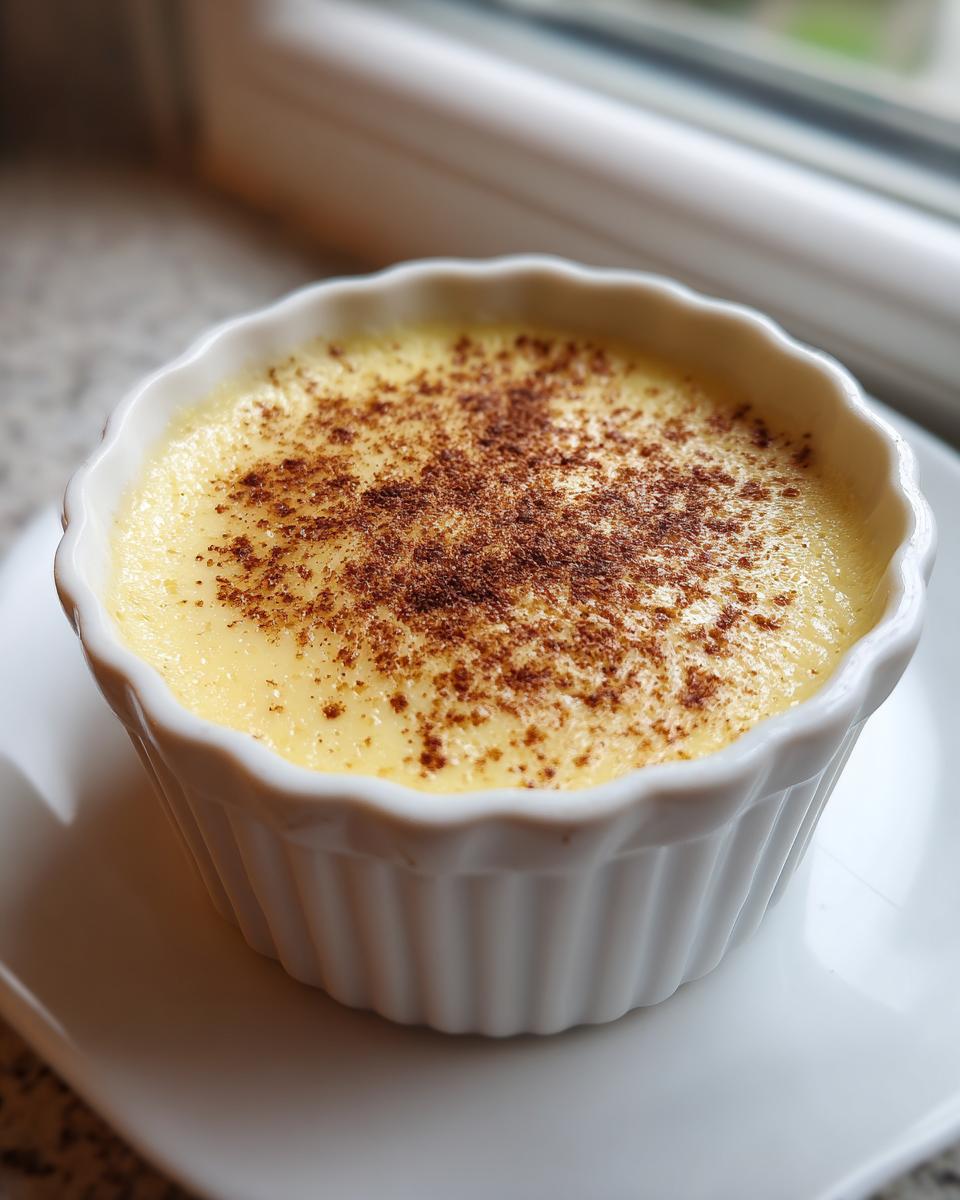 A close-up of a single serving of creamy vanilla custard cups, topped with a sprinkle of cinnamon, in a white fluted ramekin.