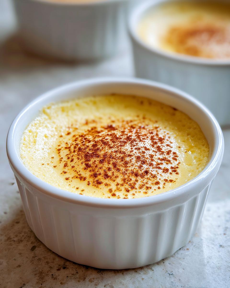 A close-up of a creamy, yellow vanilla custard cup topped with a sprinkle of cinnamon.